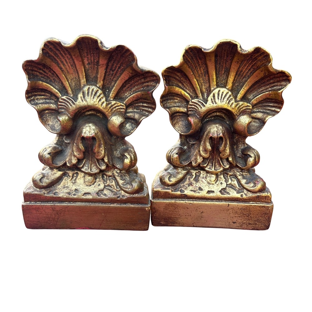 Vtg Hollywood Regency Gold Shell Bookends World Art Fort Lauderdale set decor